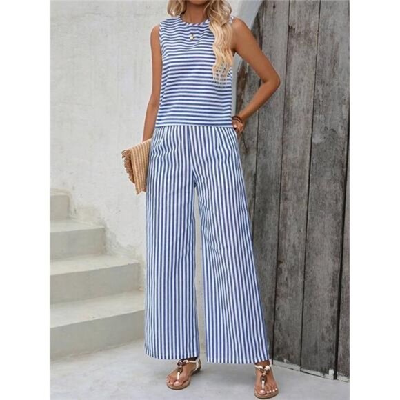 EMERY ROSE 2pcs/Set Striped Top And Pants Outfit Summer - Picture 3 of 6
